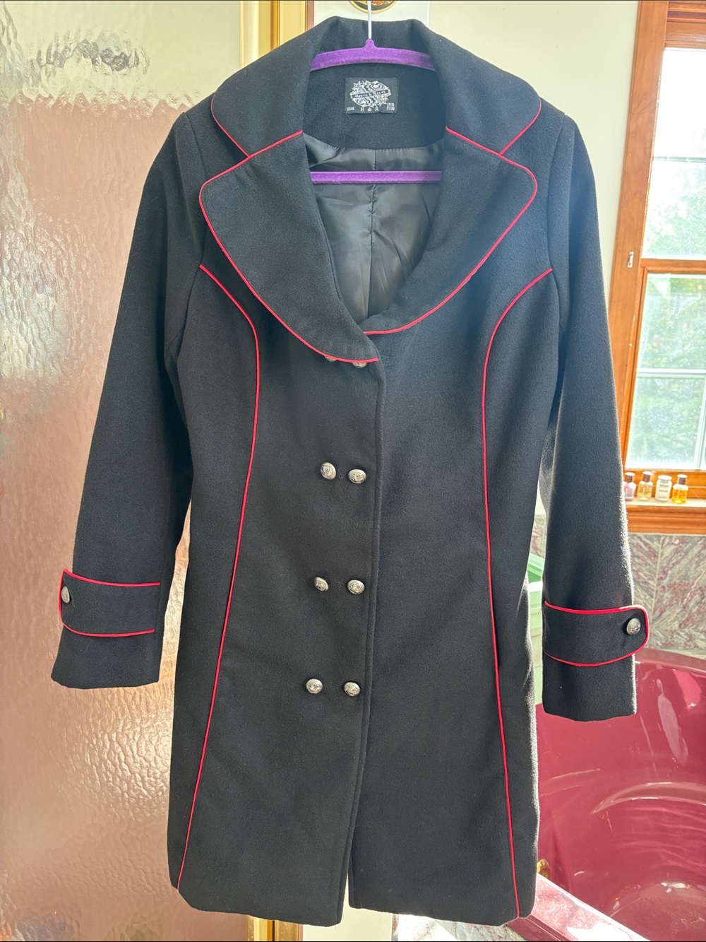 Vintage Hearts & Roses Double-Breasted Black Coat with Red Piping